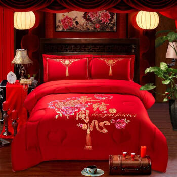 ナ依天绵刺繡結婚祝の冬は芯大紅結婚用の布団で結婚祝のベッド品永結同心220*240 cm 8斤です。